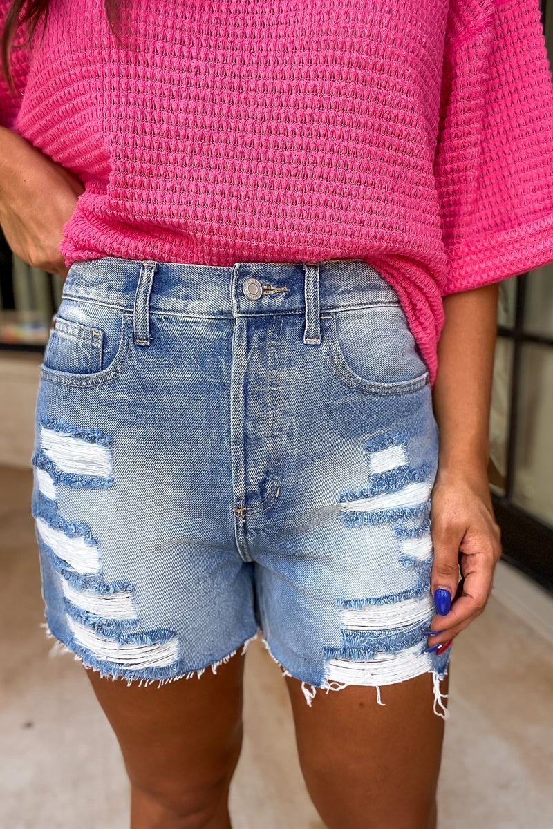 Ready and Waiting Light Wash Distressed Denim Shorts