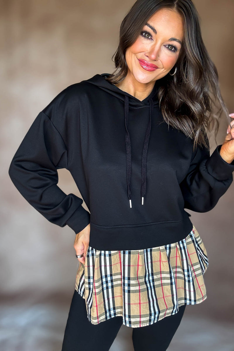 Burverry Black Classic Plaid Contrast Casual Hoodie Top