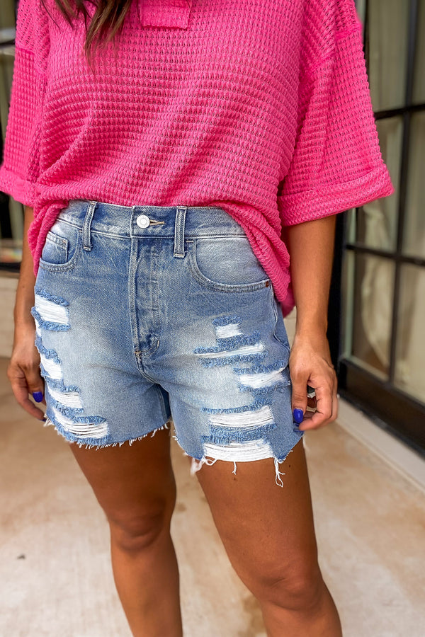 Ready and Waiting Light Wash Distressed Denim Shorts