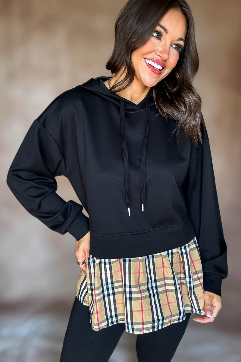 Burverry Black Classic Plaid Contrast Casual Hoodie Top
