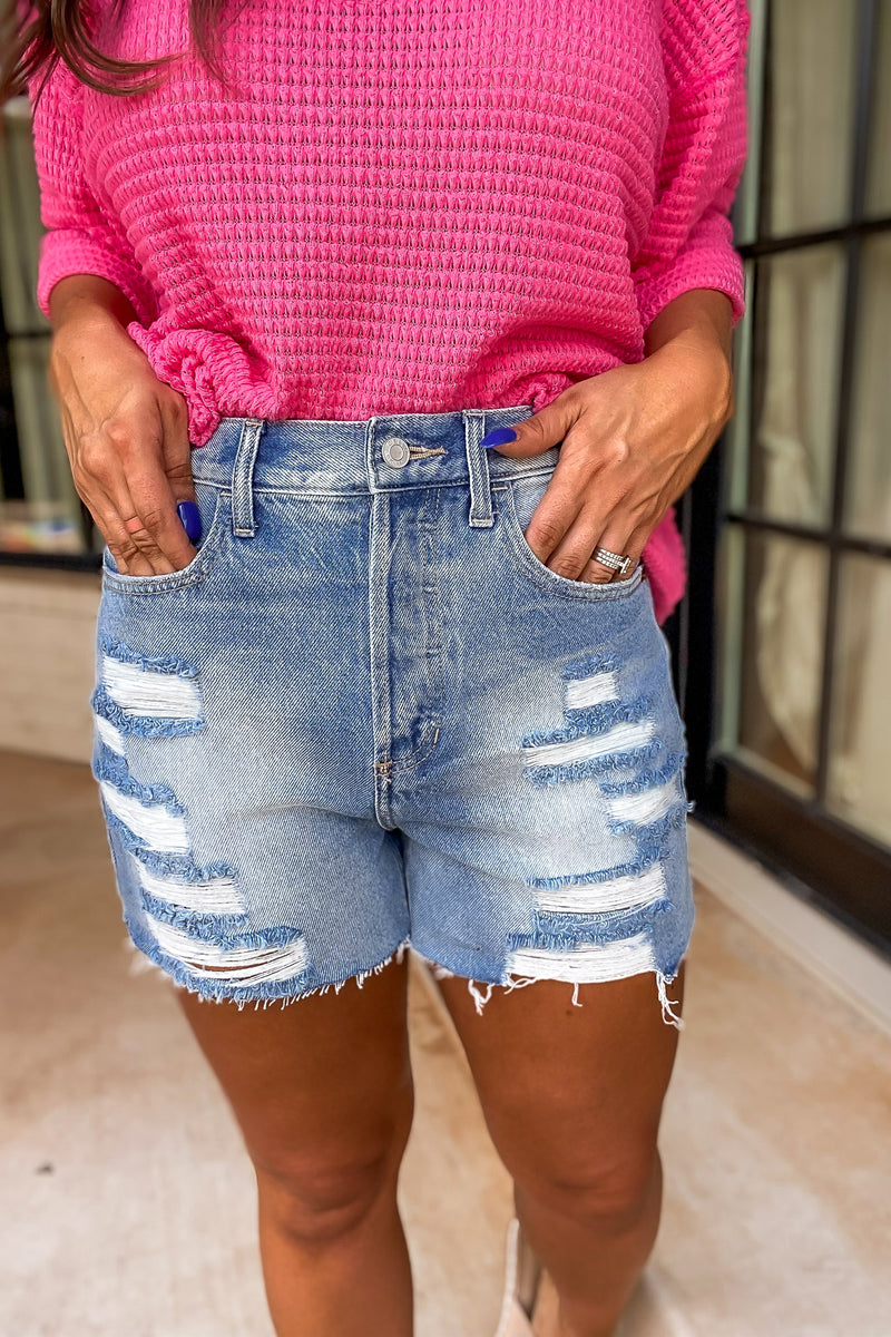 Ready and Waiting Light Wash Distressed Denim Shorts