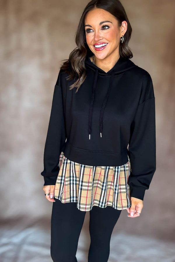 Burverry Black Classic Plaid Contrast Casual Hoodie Top
