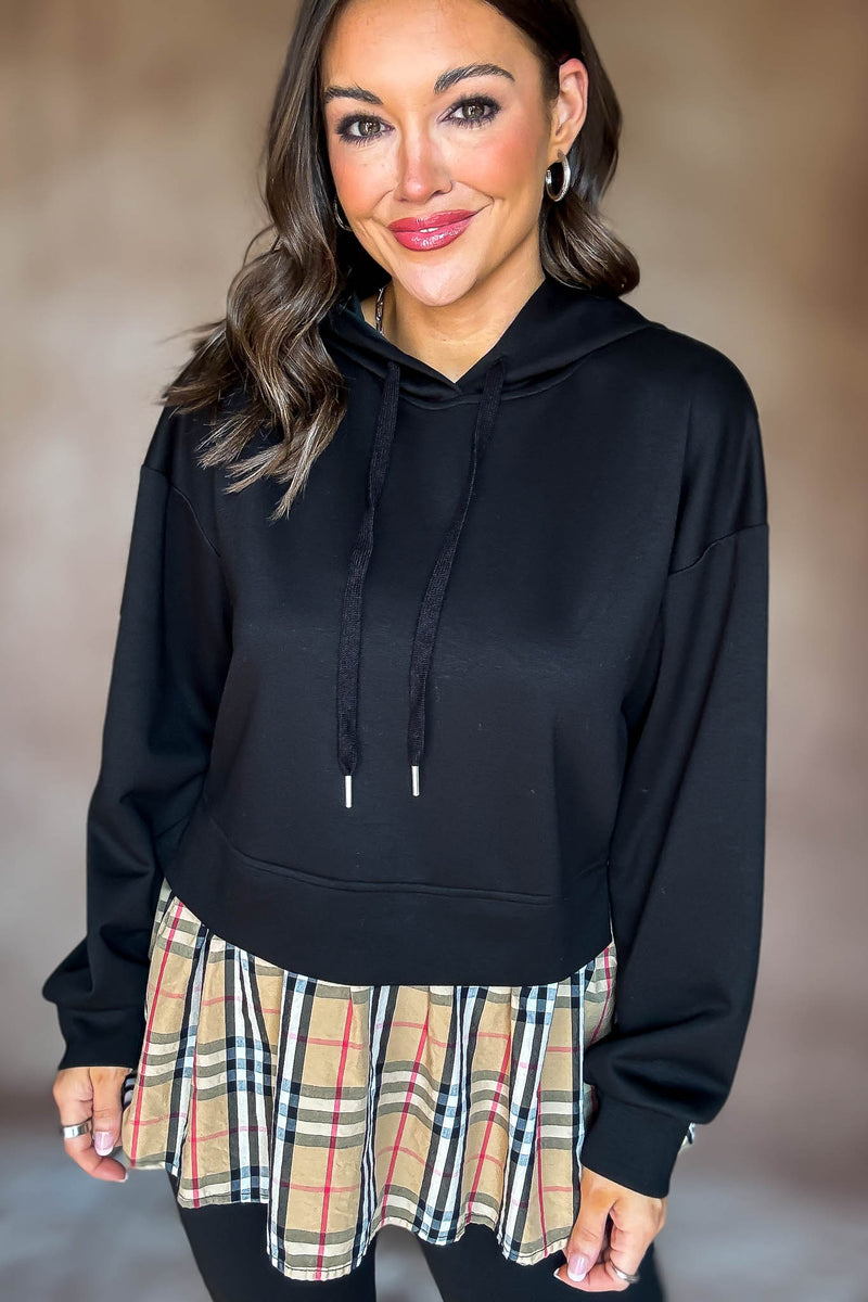 Burverry Black Classic Plaid Contrast Casual Hoodie Top
