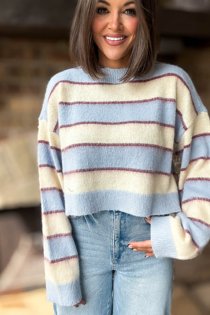 Mable Fuzzy Stripe Knit Long Sleeve Crop Sweater Top