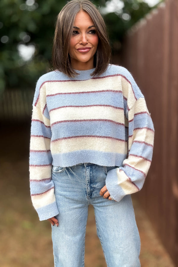Mable Fuzzy Stripe Knit Long Sleeve Crop Sweater Top