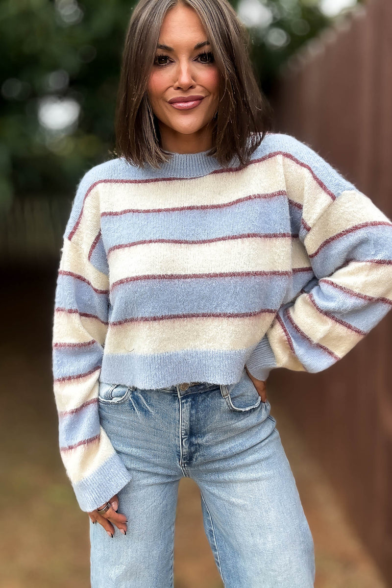 Mable Fuzzy Stripe Knit Long Sleeve Crop Sweater Top