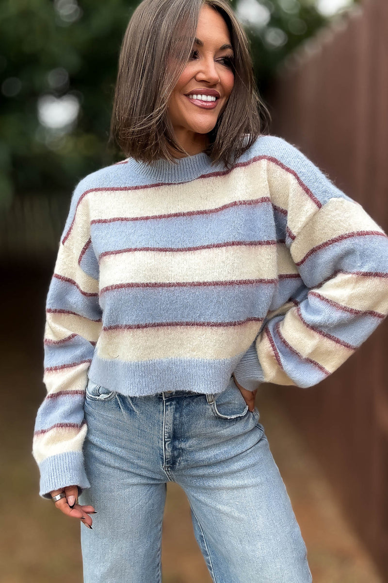 Mable Fuzzy Stripe Knit Long Sleeve Crop Sweater Top