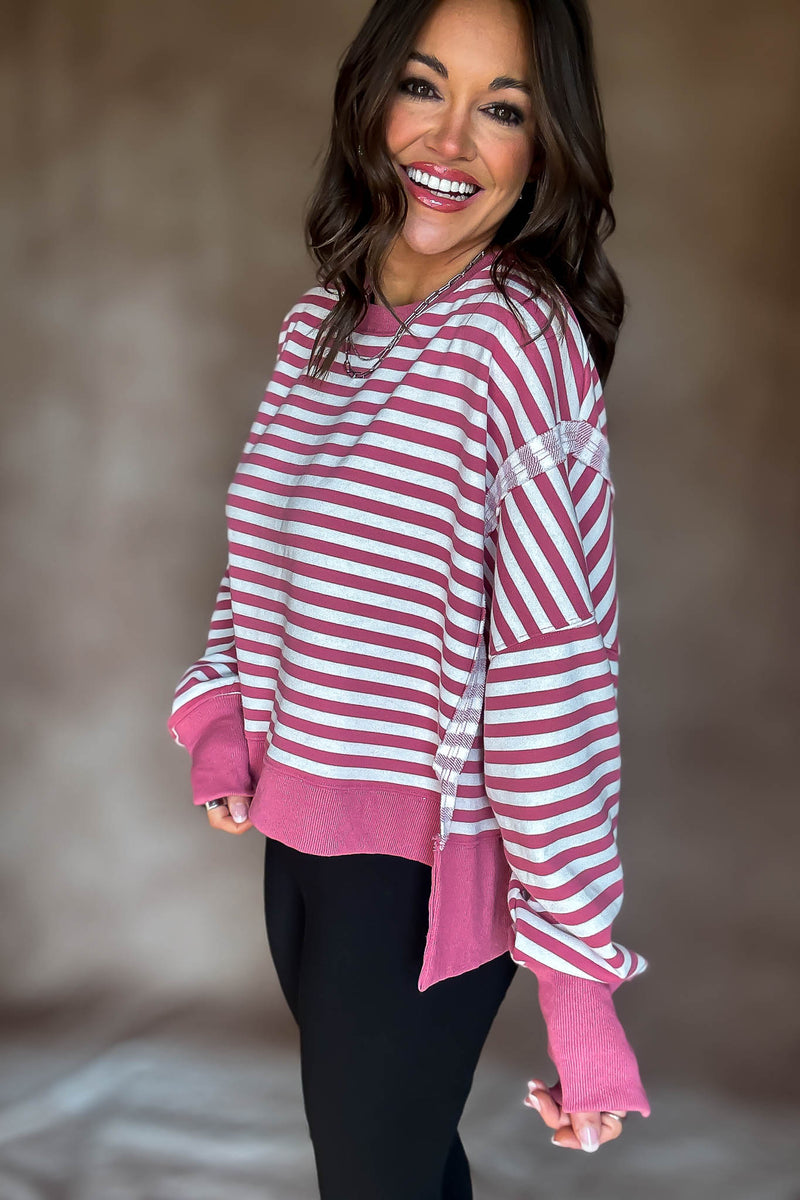 Mauve Scooped Neck Line Sweatshirts In Stripes