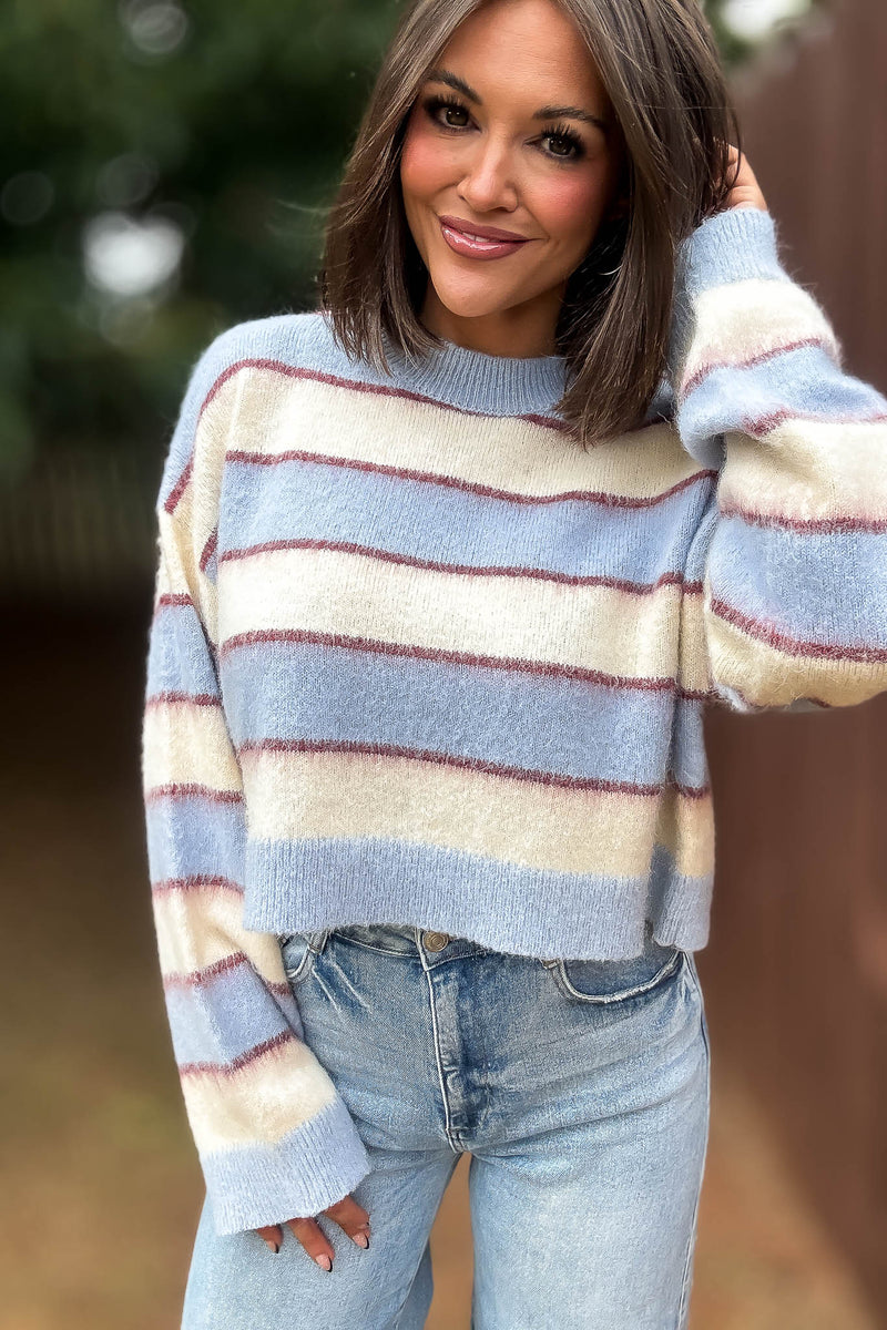 Mable Fuzzy Stripe Knit Long Sleeve Crop Sweater Top