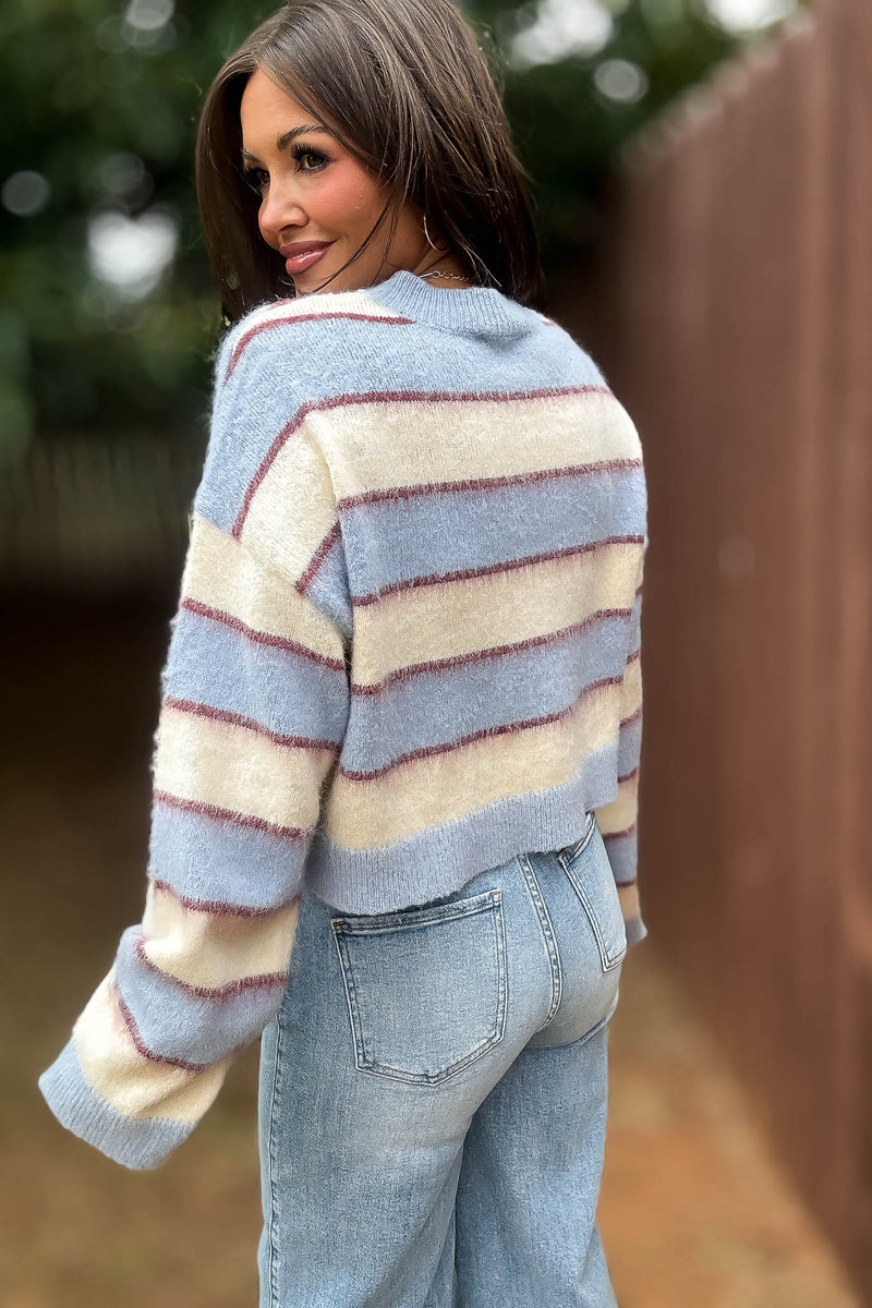 Mable Fuzzy Stripe Knit Long Sleeve Crop Sweater Top