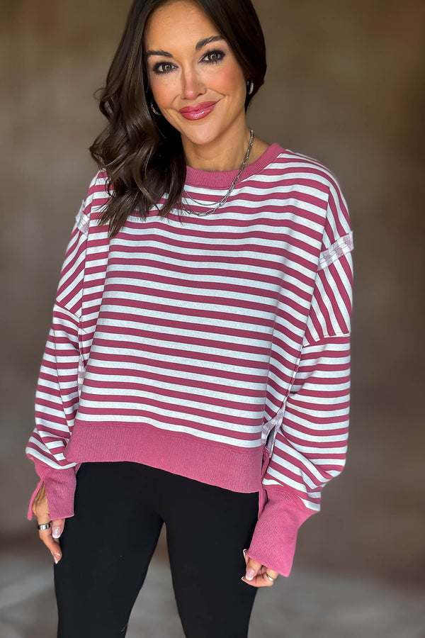 Mauve Scooped Neck Line Sweatshirts In Stripes