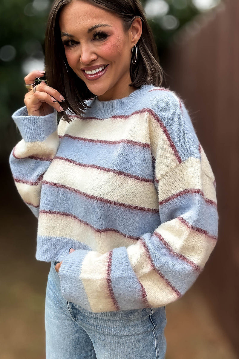 Mable Fuzzy Stripe Knit Long Sleeve Crop Sweater Top