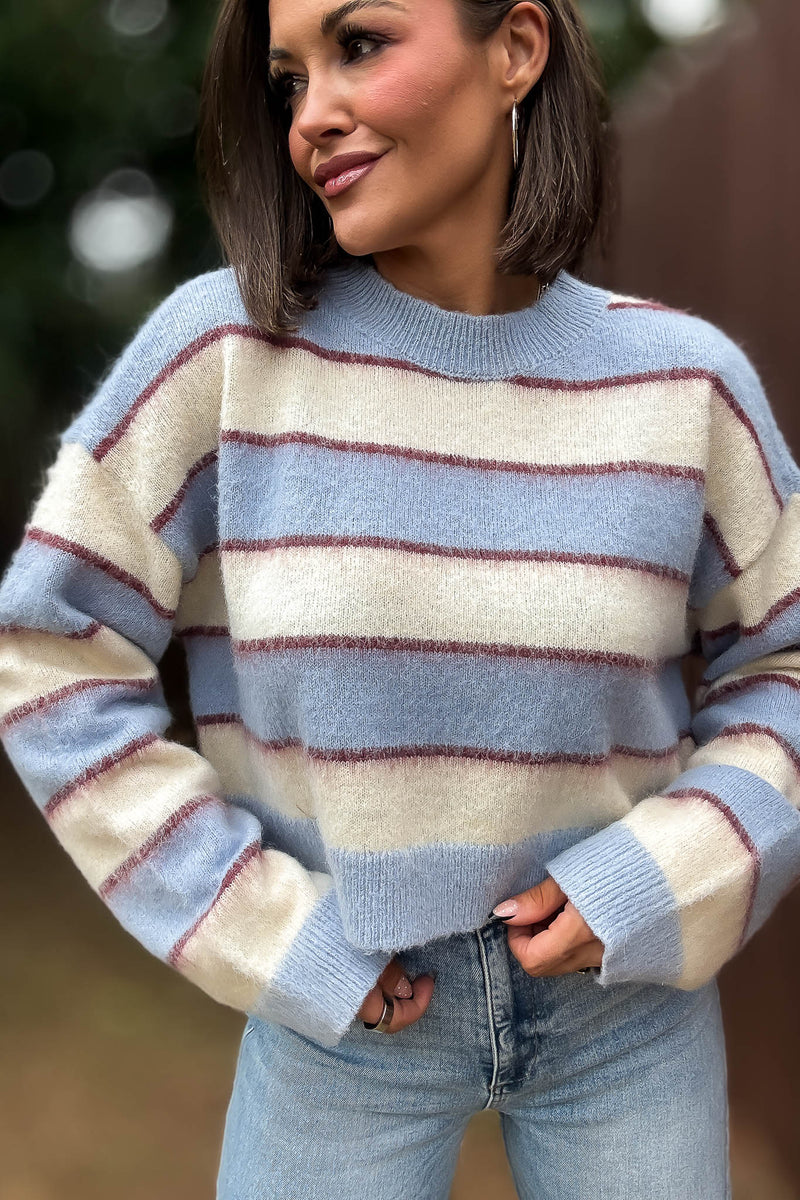 Mable Fuzzy Stripe Knit Long Sleeve Crop Sweater Top