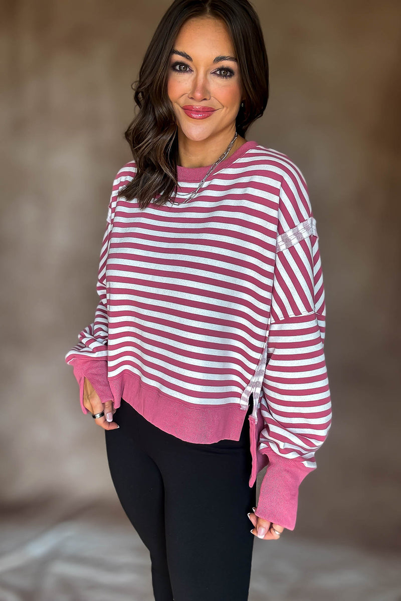 Mauve Scooped Neck Line Sweatshirts In Stripes