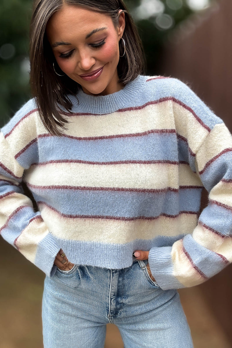 Mable Fuzzy Stripe Knit Long Sleeve Crop Sweater Top