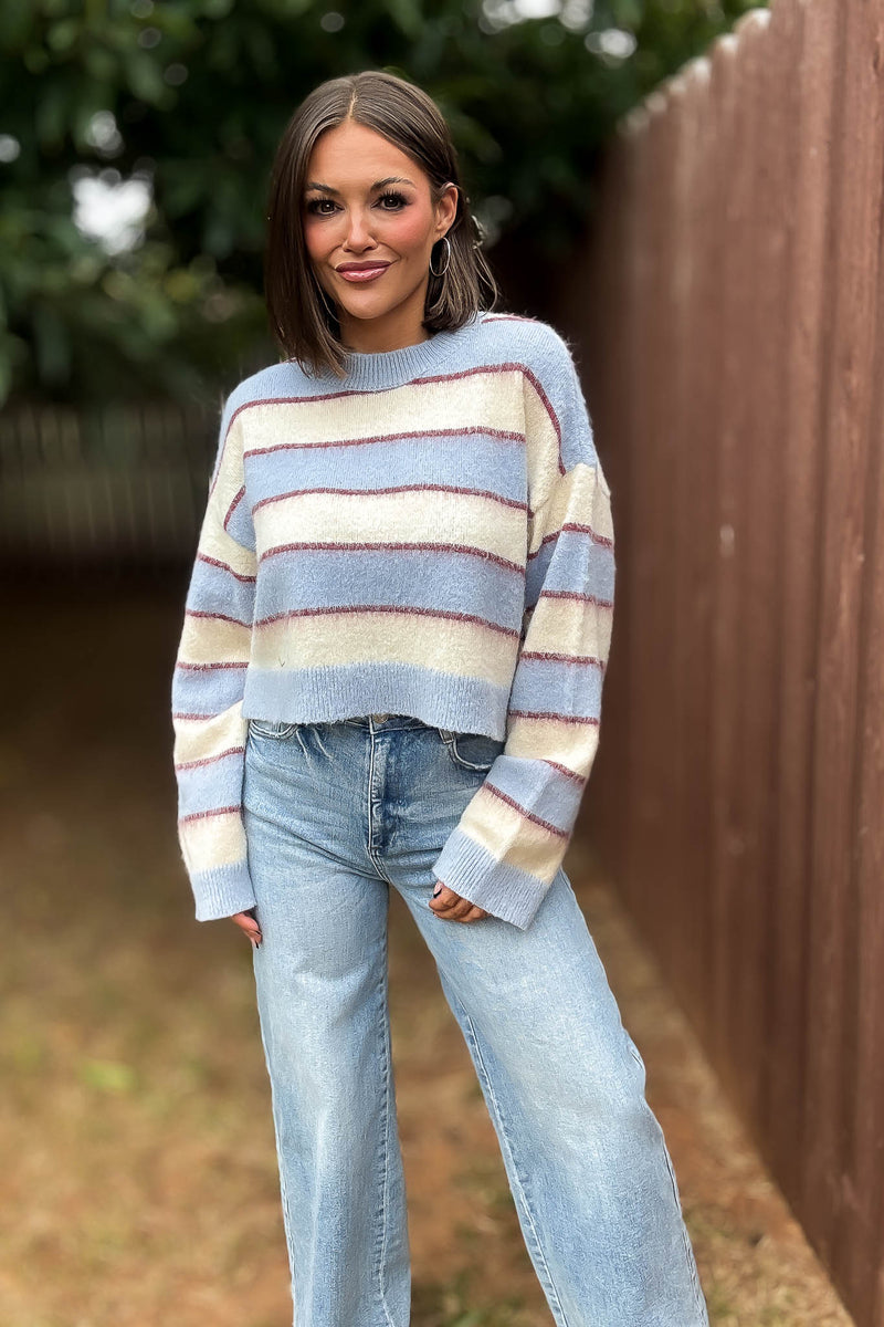 Mable Fuzzy Stripe Knit Long Sleeve Crop Sweater Top
