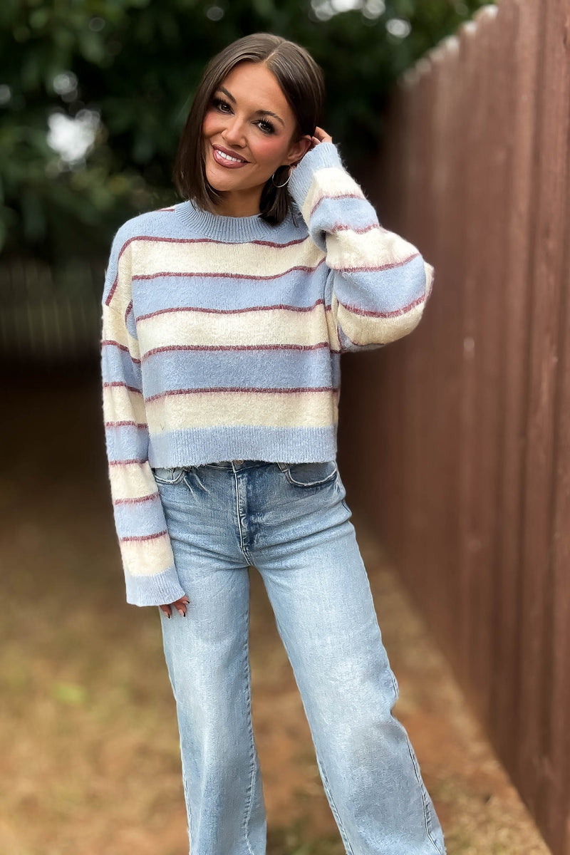 Mable Fuzzy Stripe Knit Long Sleeve Crop Sweater Top
