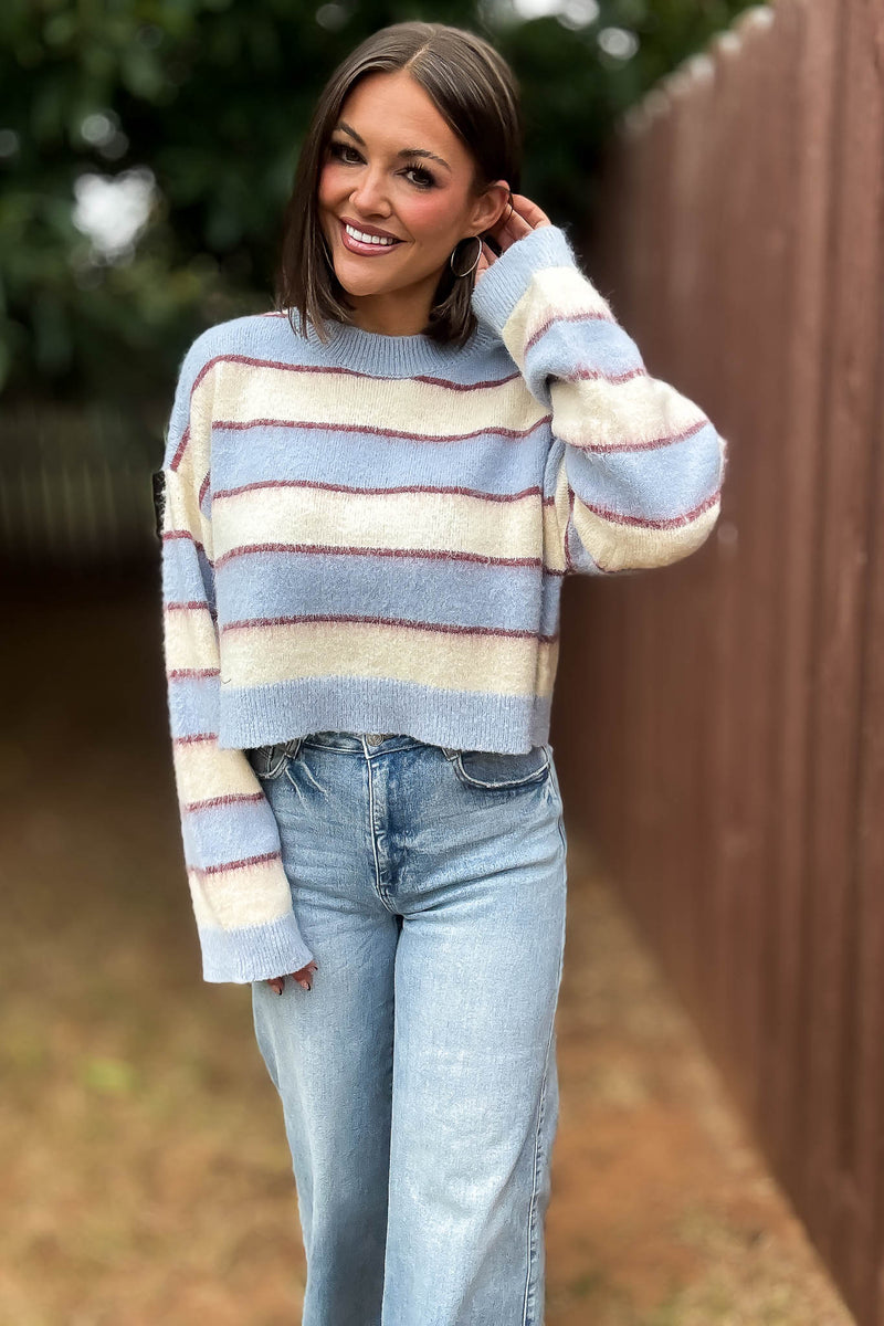 Mable Fuzzy Stripe Knit Long Sleeve Crop Sweater Top