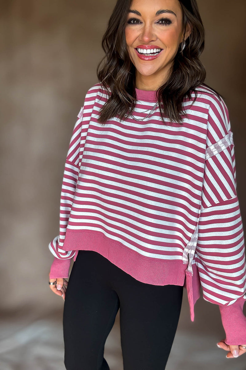 Mauve Scooped Neck Line Sweatshirts In Stripes