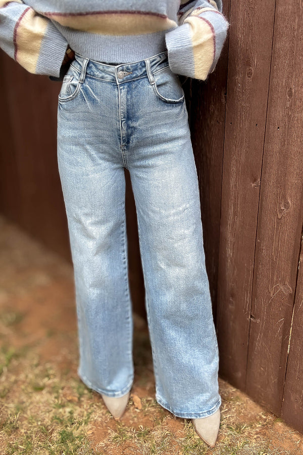 Stella Rae's Best Light Denim Comfort Stretch High Rise Wide Leg Jean