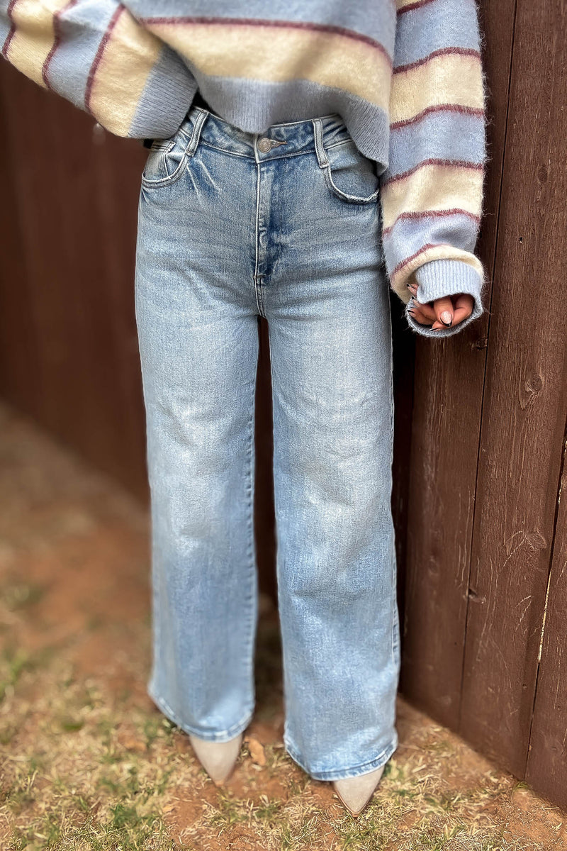Stella Rae's Best Light Denim Comfort Stretch High Rise Wide Leg Jean