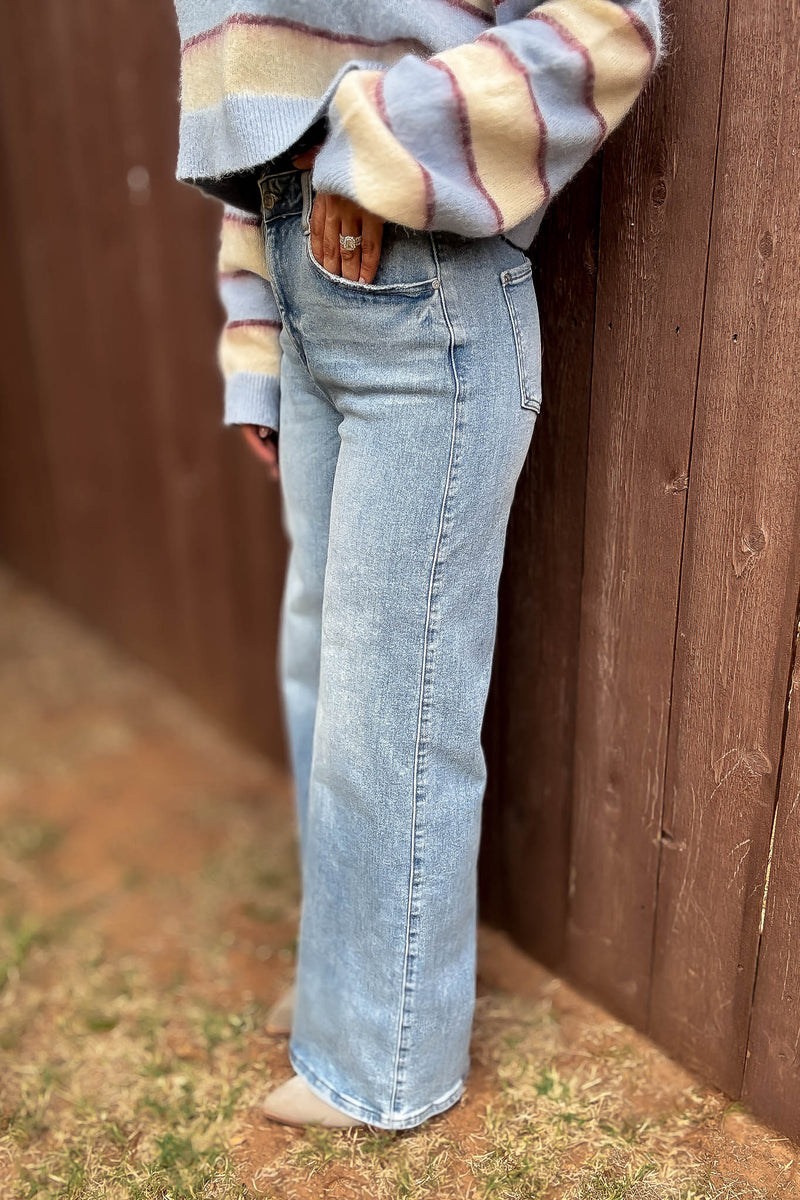 Stella Rae's Best Light Denim Comfort Stretch High Rise Wide Leg Jean