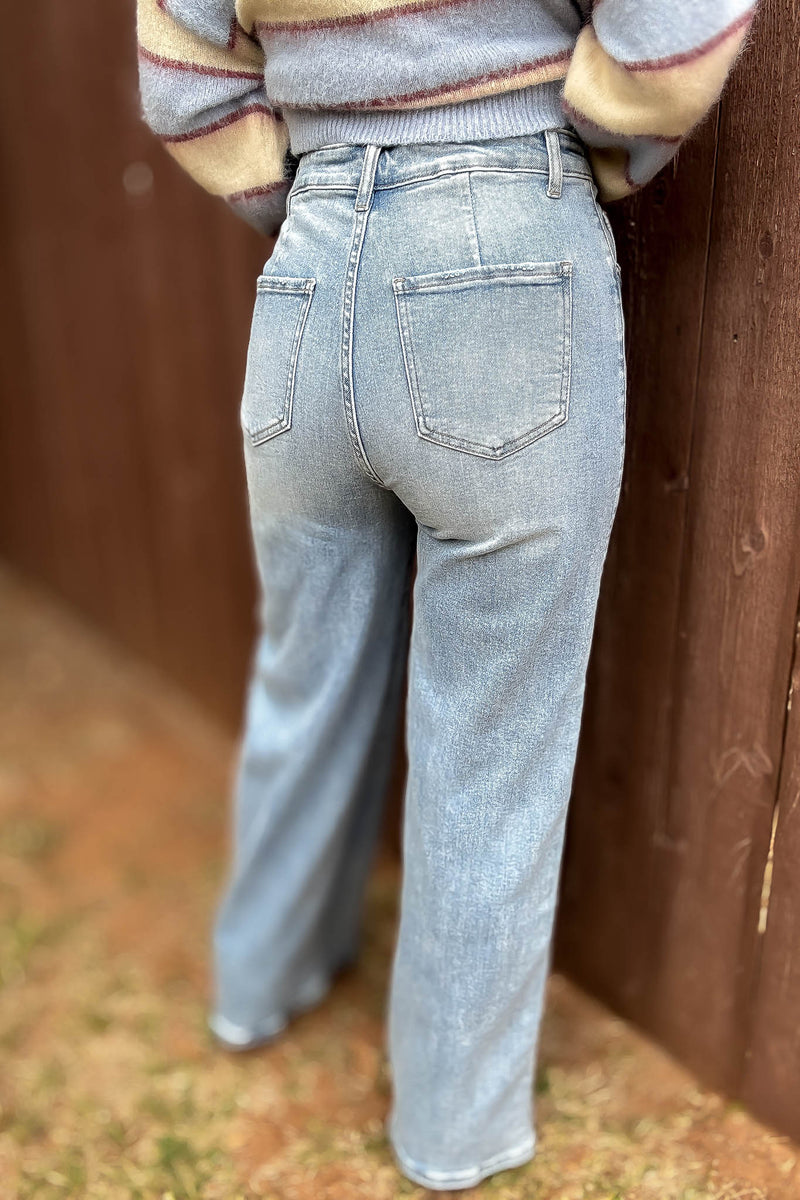Stella Rae's Best Light Denim Comfort Stretch High Rise Wide Leg Jean