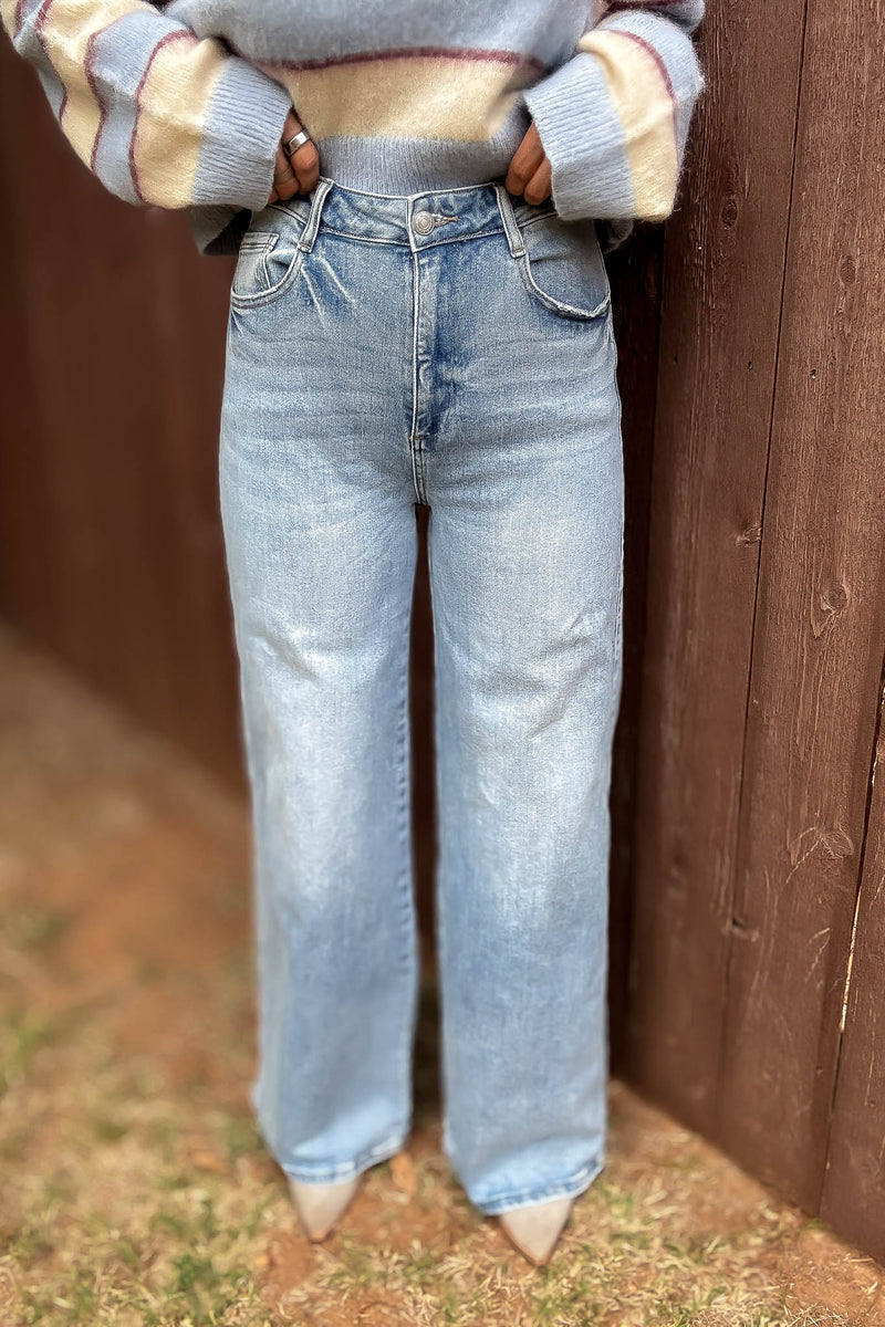 Stella Rae's Best Light Denim Comfort Stretch High Rise Wide Leg Jean