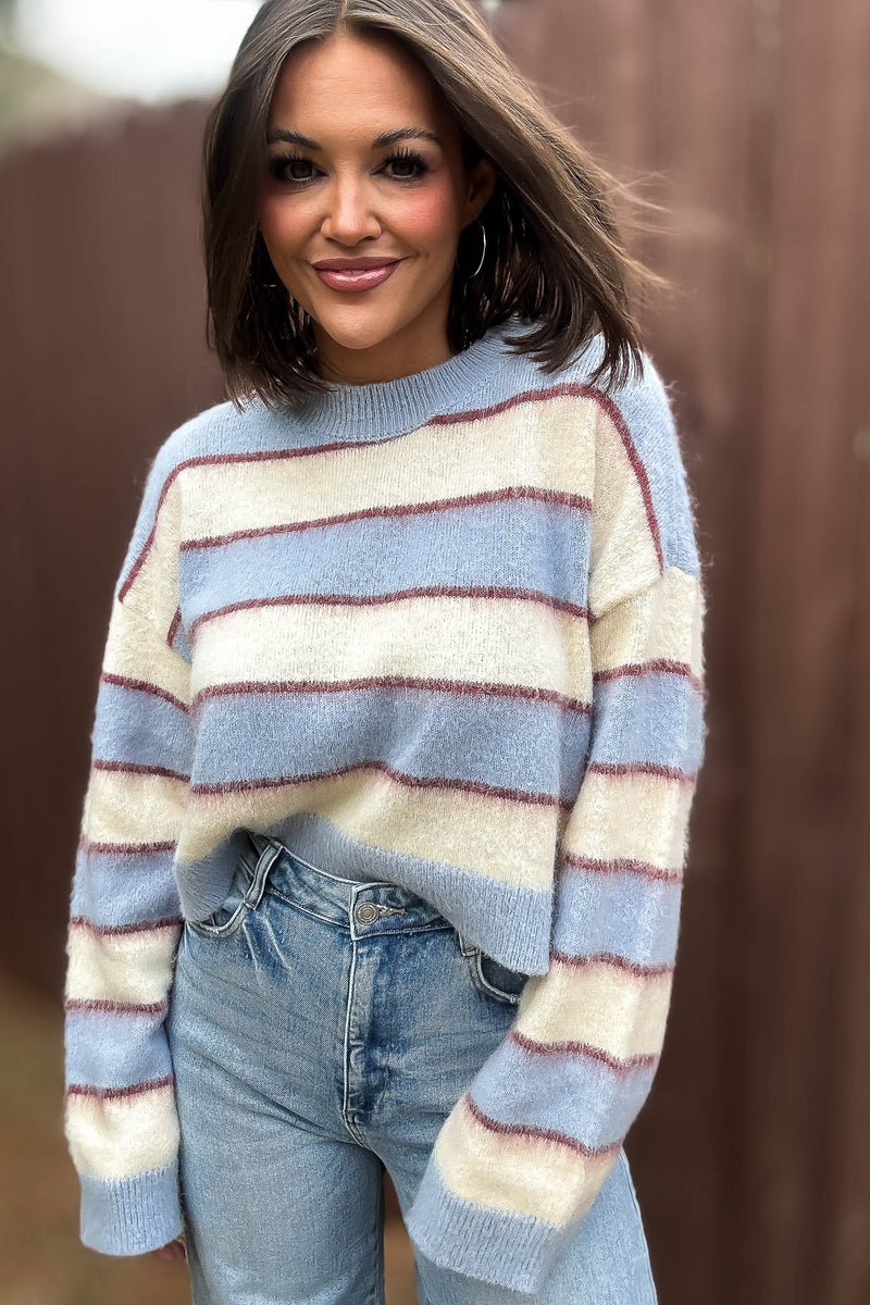 Mable Fuzzy Stripe Knit Long Sleeve Crop Sweater Top
