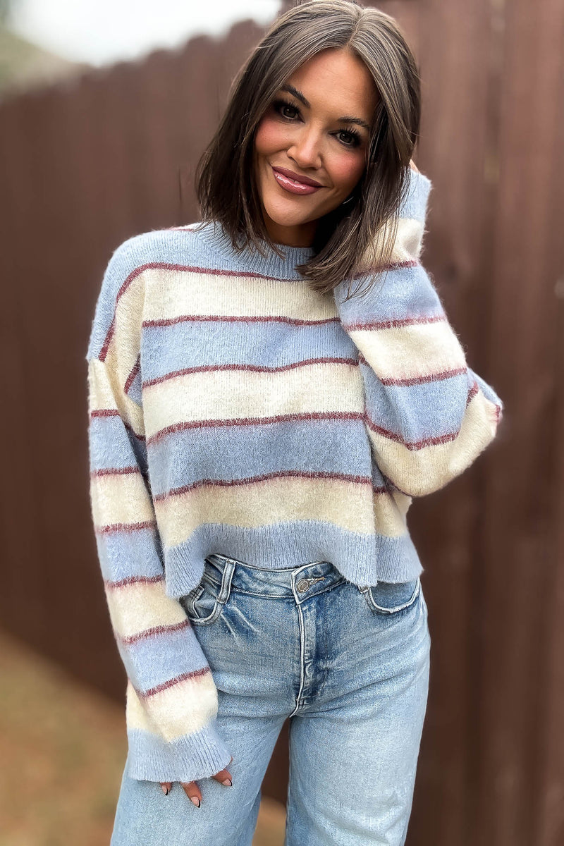 Mable Fuzzy Stripe Knit Long Sleeve Crop Sweater Top