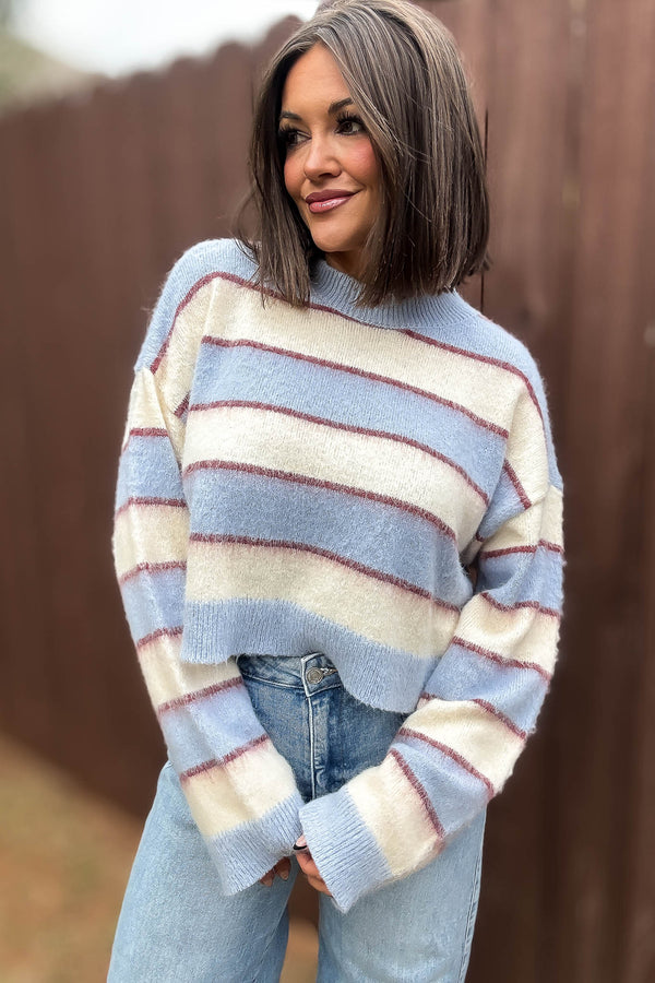 Mable Fuzzy Stripe Knit Long Sleeve Crop Sweater Top