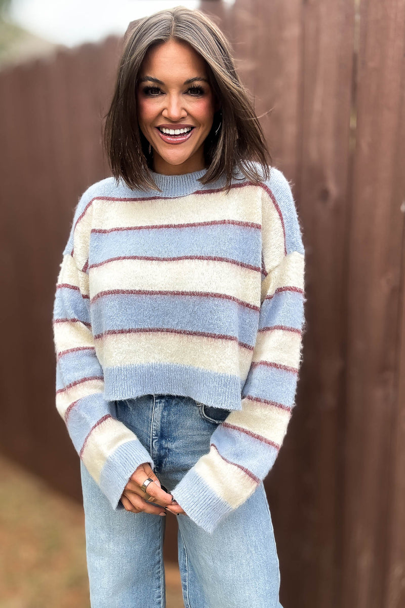 Mable Fuzzy Stripe Knit Long Sleeve Crop Sweater Top