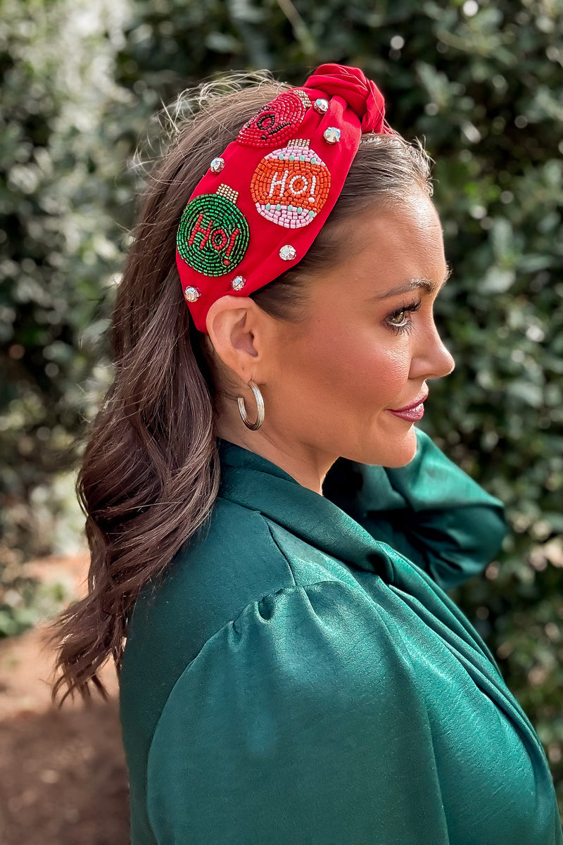Red Ho Ho Ho Christmas Bulbs Embellished Headband