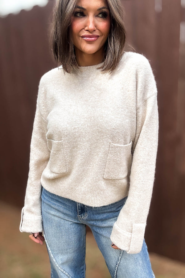 Mable Crew Neck Knit Pullover Sweater With Front Pocket