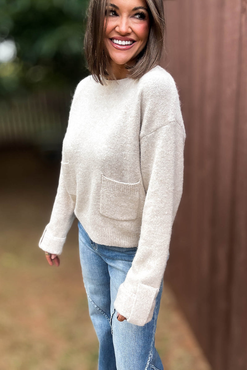 Mable Crew Neck Knit Pullover Sweater With Front Pocket