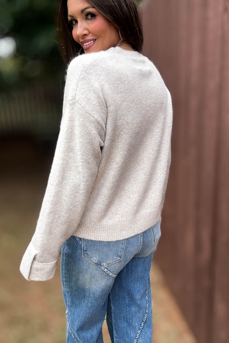 Mable Crew Neck Knit Pullover Sweater With Front Pocket