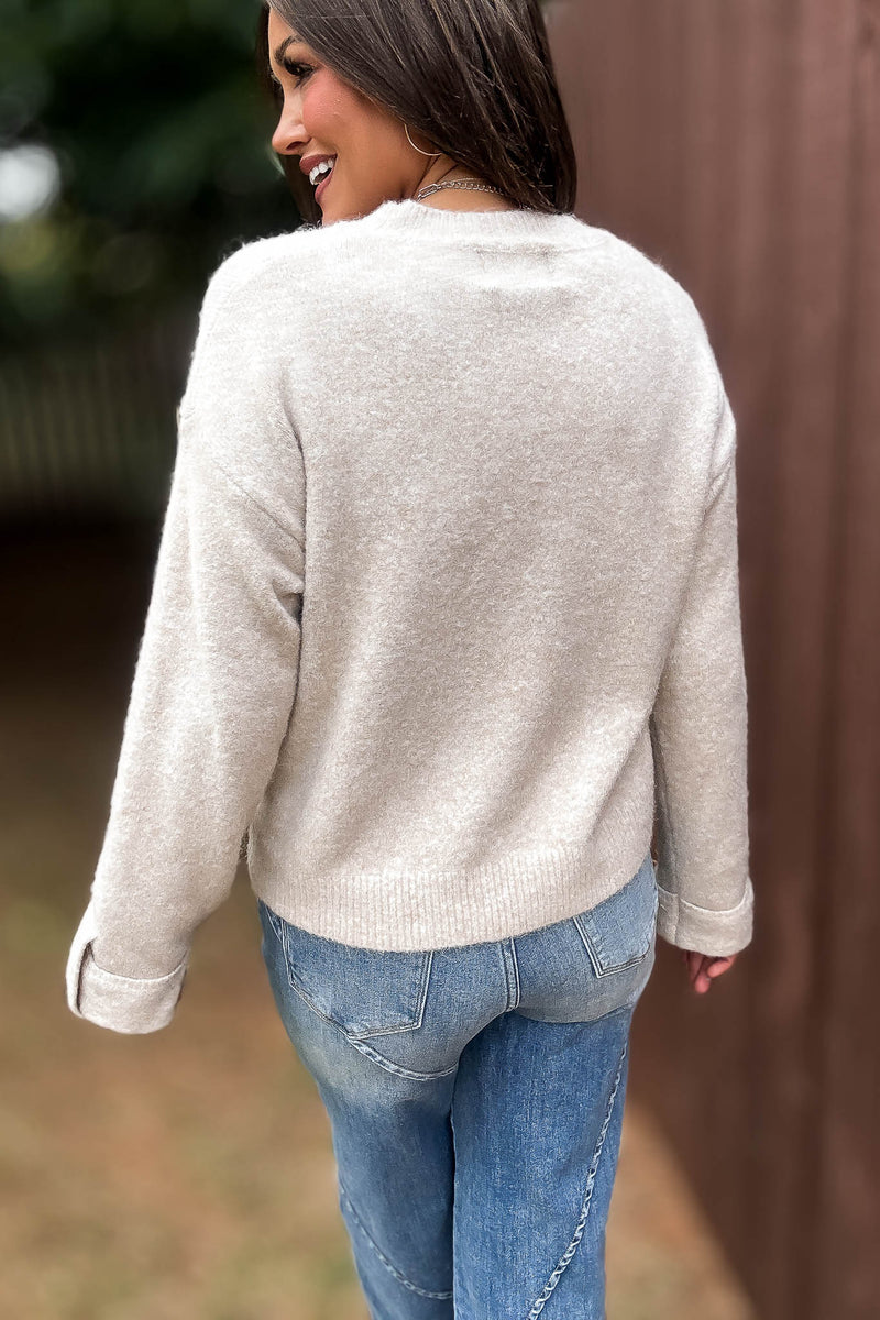 Mable Crew Neck Knit Pullover Sweater With Front Pocket