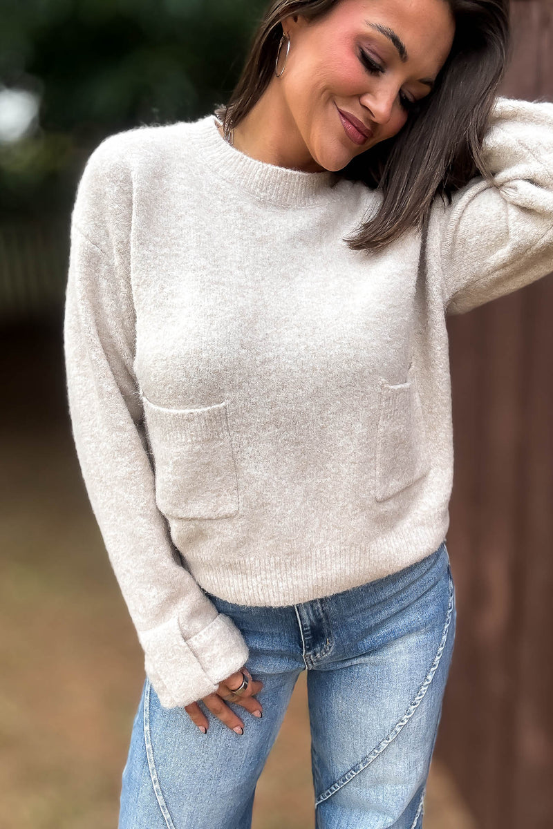 Mable Crew Neck Knit Pullover Sweater With Front Pocket