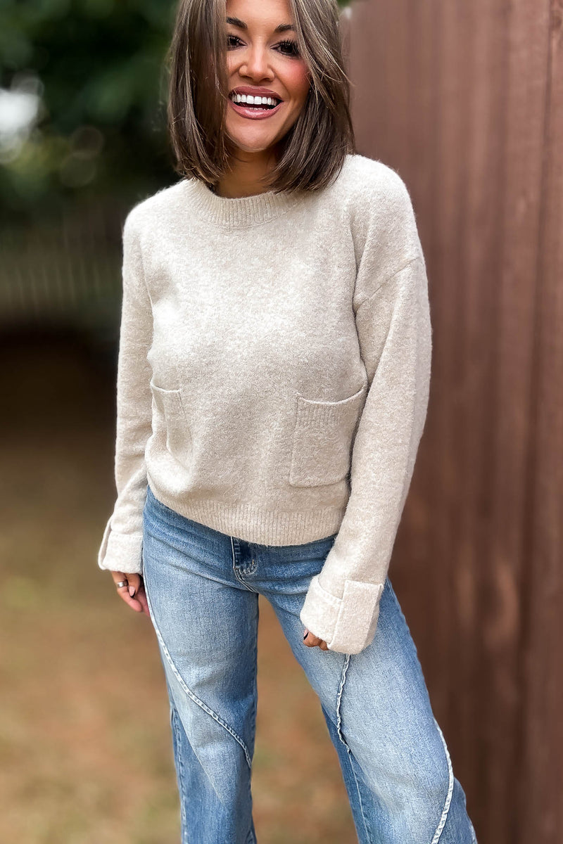 Mable Crew Neck Knit Pullover Sweater With Front Pocket