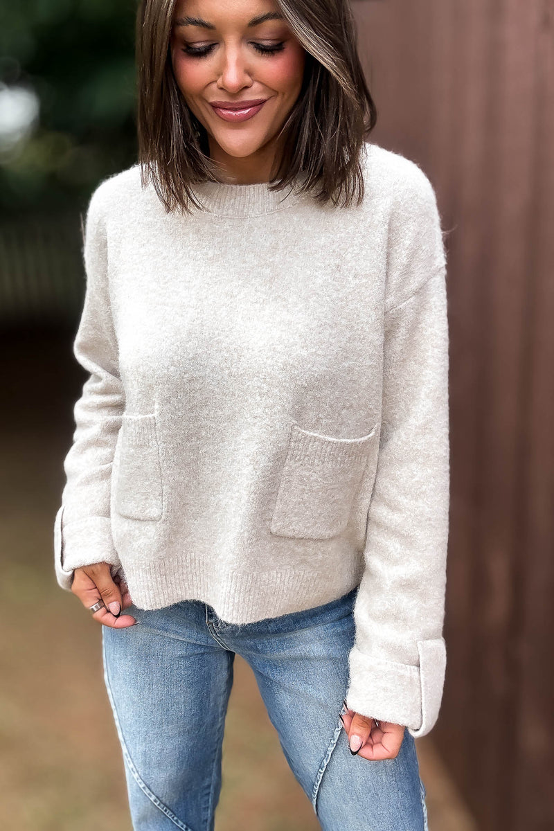 Mable Crew Neck Knit Pullover Sweater With Front Pocket