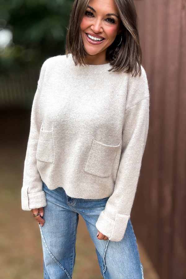 Mable Crew Neck Knit Pullover Sweater With Front Pocket