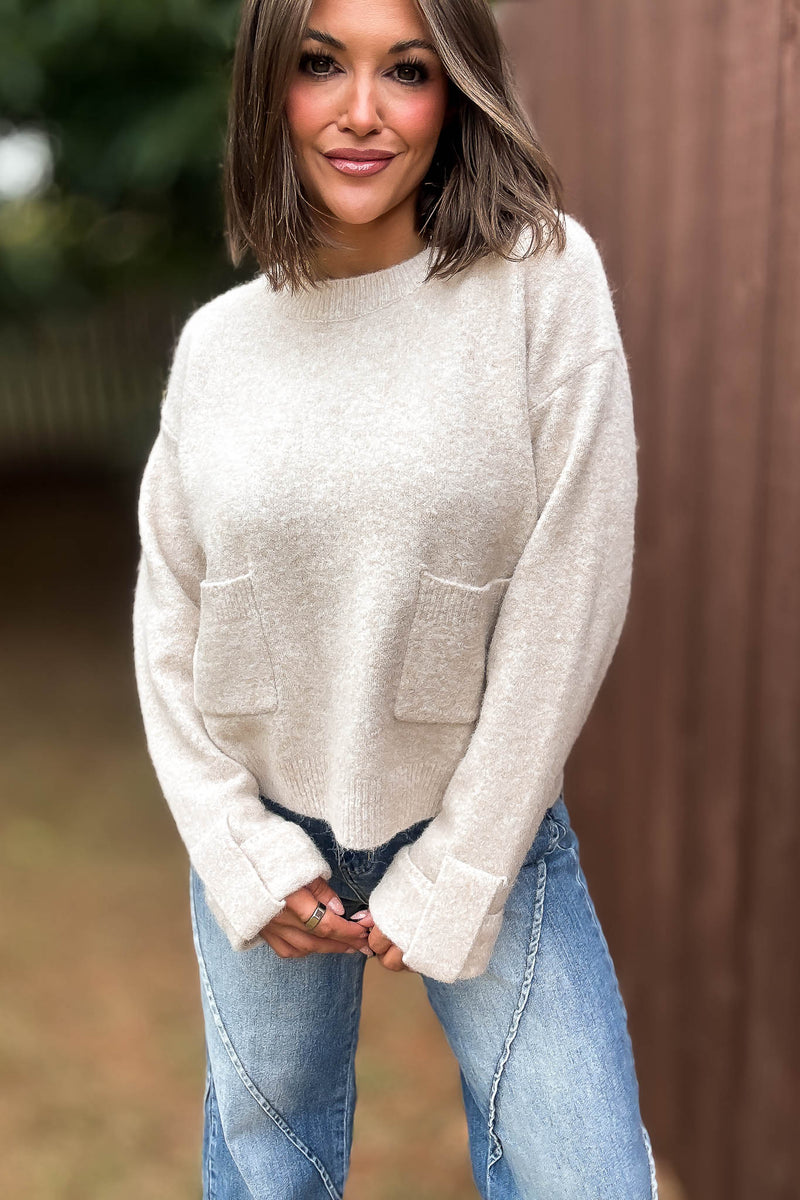 Mable Crew Neck Knit Pullover Sweater With Front Pocket