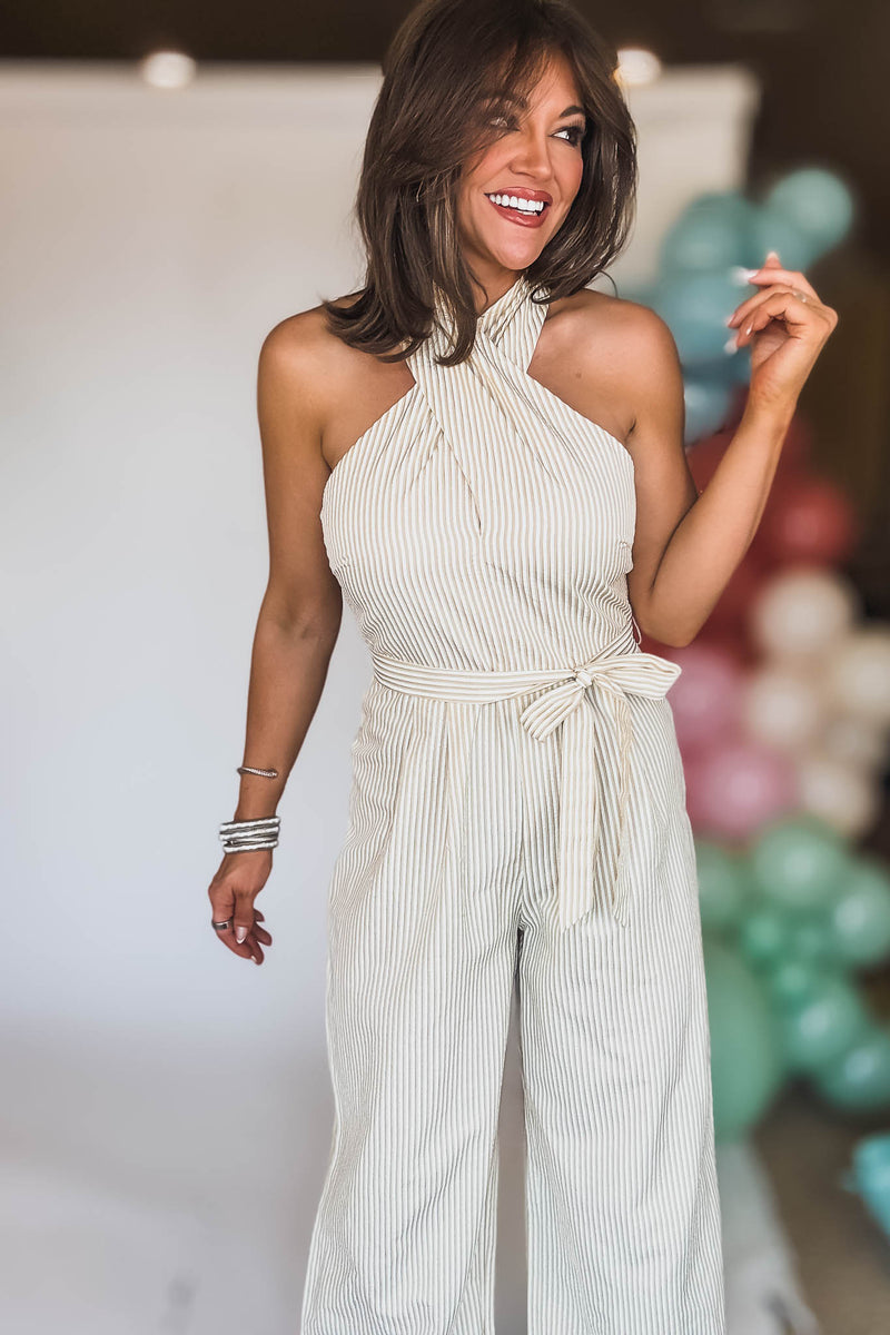 HALTER BELTED STRIPE JUMPSUIT