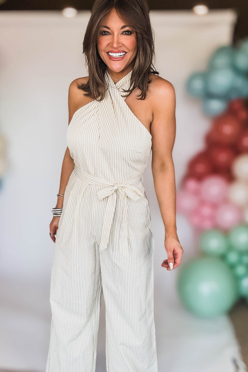HALTER BELTED STRIPE JUMPSUIT