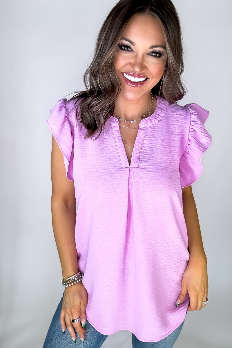 Make Life Great Mauve Woven Airflow Ruffled Sleeve High-Low Top