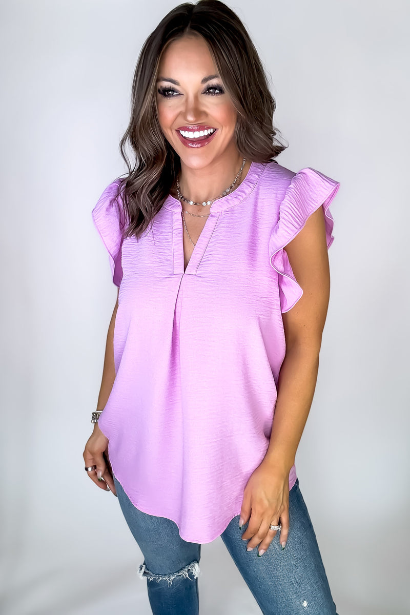 Make Life Great Mauve Woven Airflow Ruffled Sleeve High-Low Top