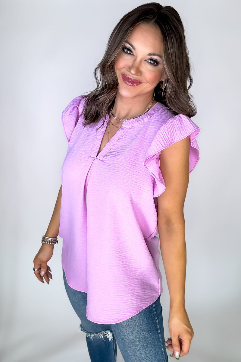 Make Life Great Mauve Woven Airflow Ruffled Sleeve High-Low Top