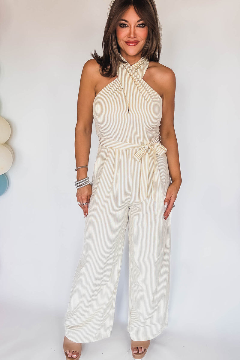 HALTER BELTED STRIPE JUMPSUIT
