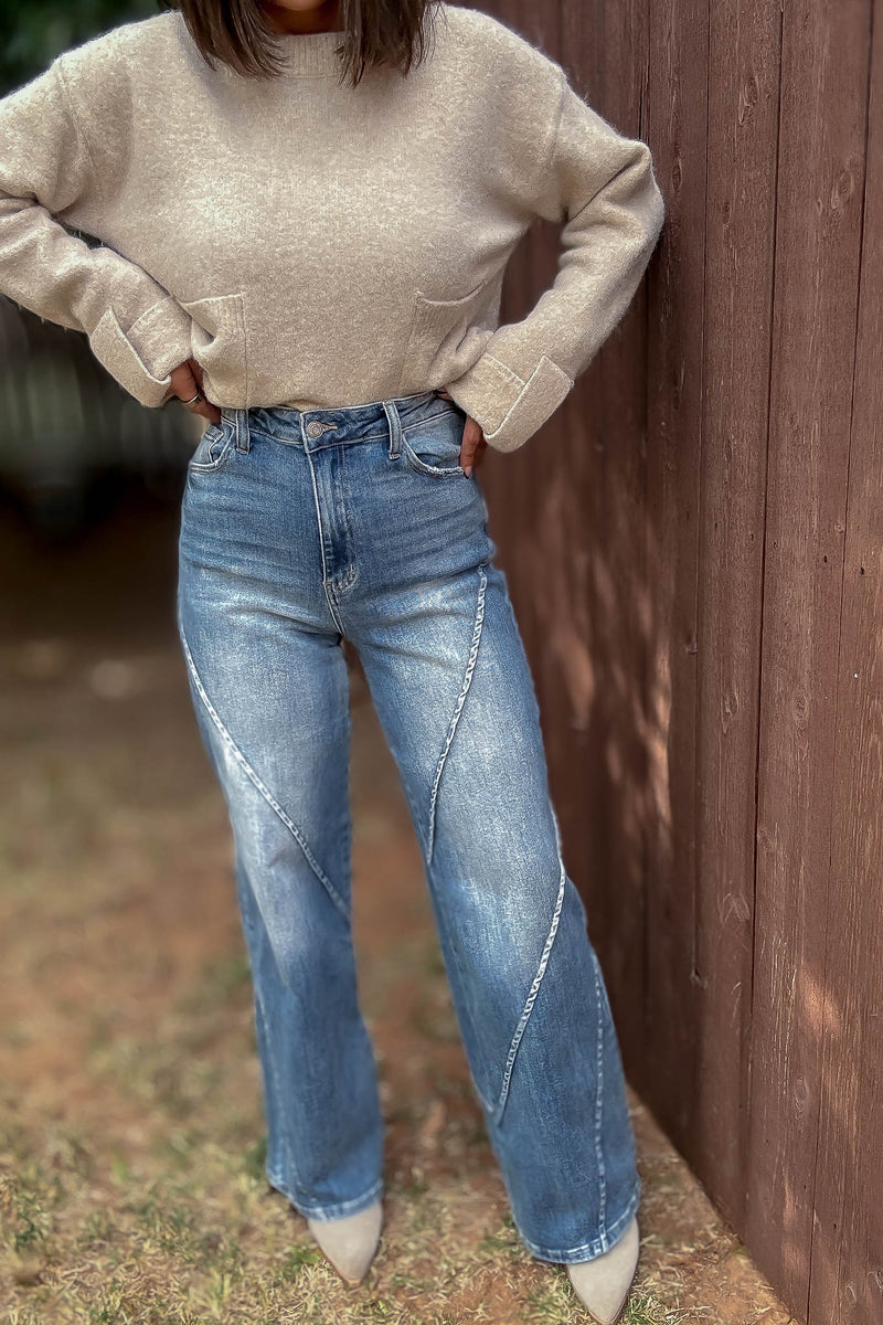 Stella Rae's Best Medium Wash Stretch High Rise Decorative Seams Wide Leg Jeans