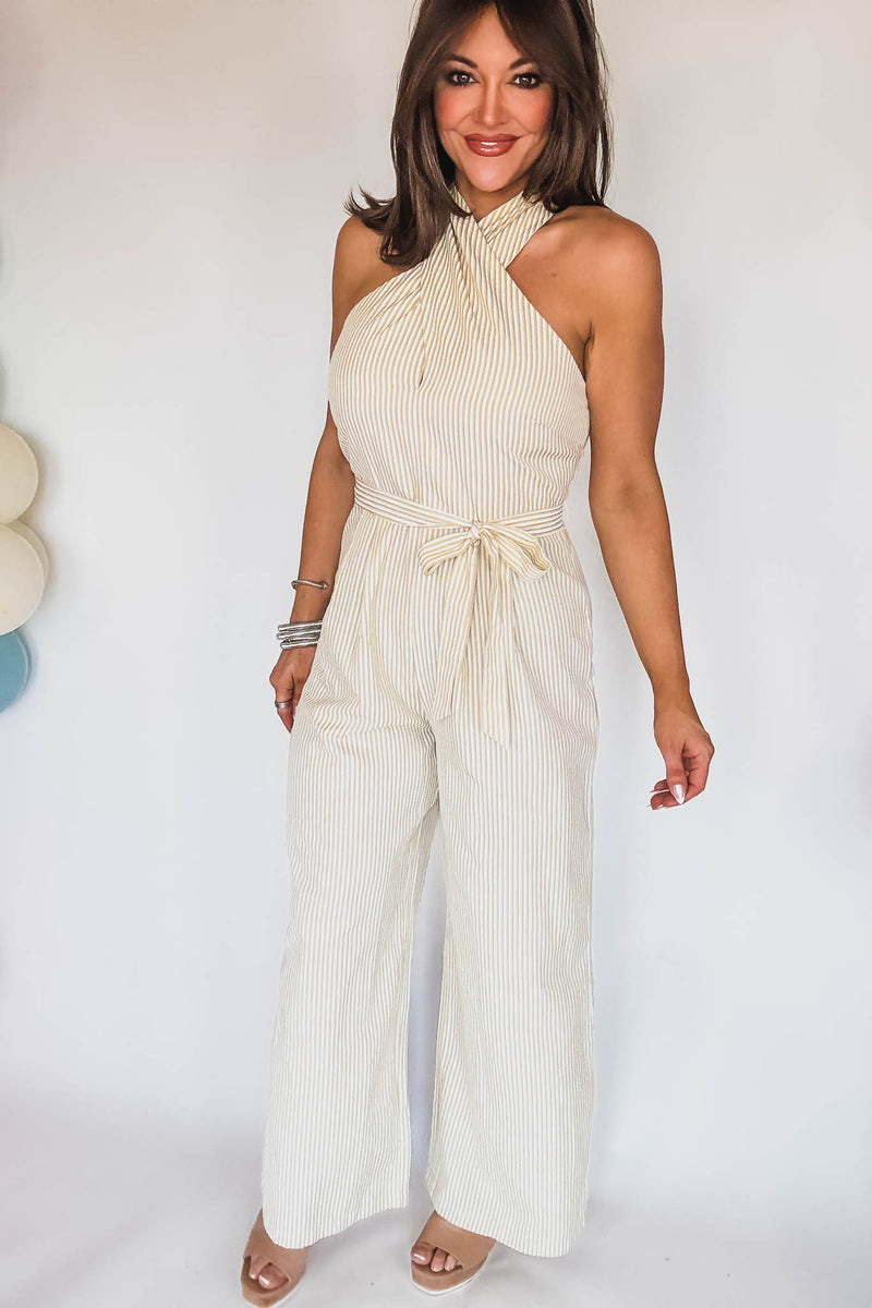HALTER BELTED STRIPE JUMPSUIT